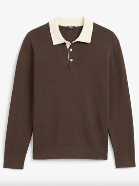 Express Mens Contrast Collar Long Sleeve Sweater Polo (Chocolate Brown) - Large